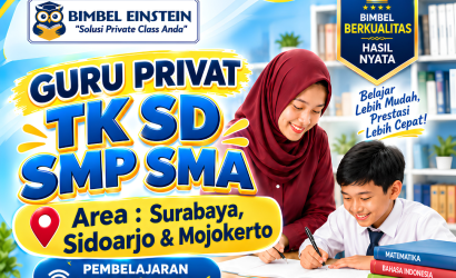Poster Bimbel Einstein menampilkan guru privat wanita berhijab sedang mendampingi siswa SD belajar di meja belajar. Menginformasikan layanan les privat TK-SMA offline/online area Surabaya, Sidoarjo, Mojokerto dengan kontak WhatsApp 0856-313-4400