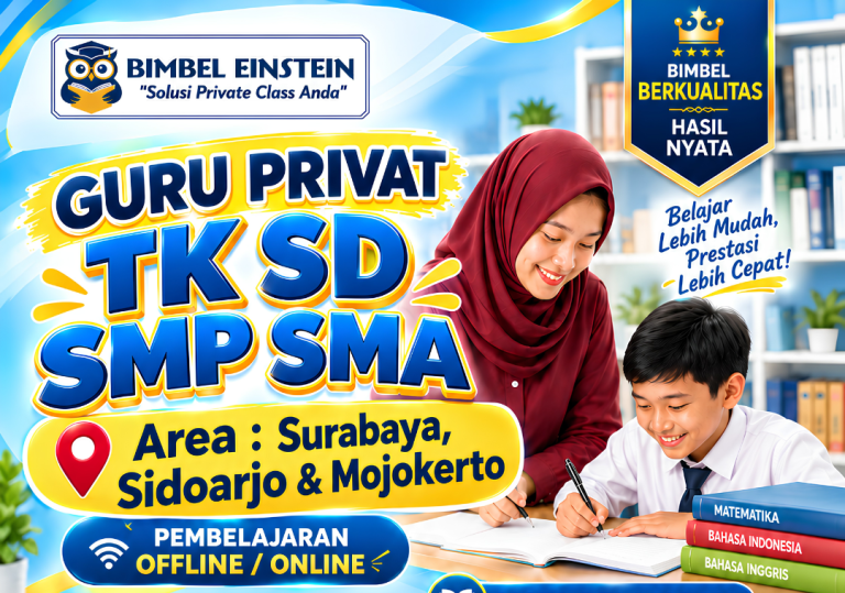 Poster Bimbel Einstein menampilkan guru privat wanita berhijab sedang mendampingi siswa SD belajar di meja belajar. Menginformasikan layanan les privat TK-SMA offline/online area Surabaya, Sidoarjo, Mojokerto dengan kontak WhatsApp 0856-313-4400