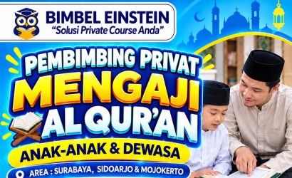 Flyer promo privat mengaji Al-Quran Surabaya Bimbel Einstein jangkauan Sidoarjo Mojokerto